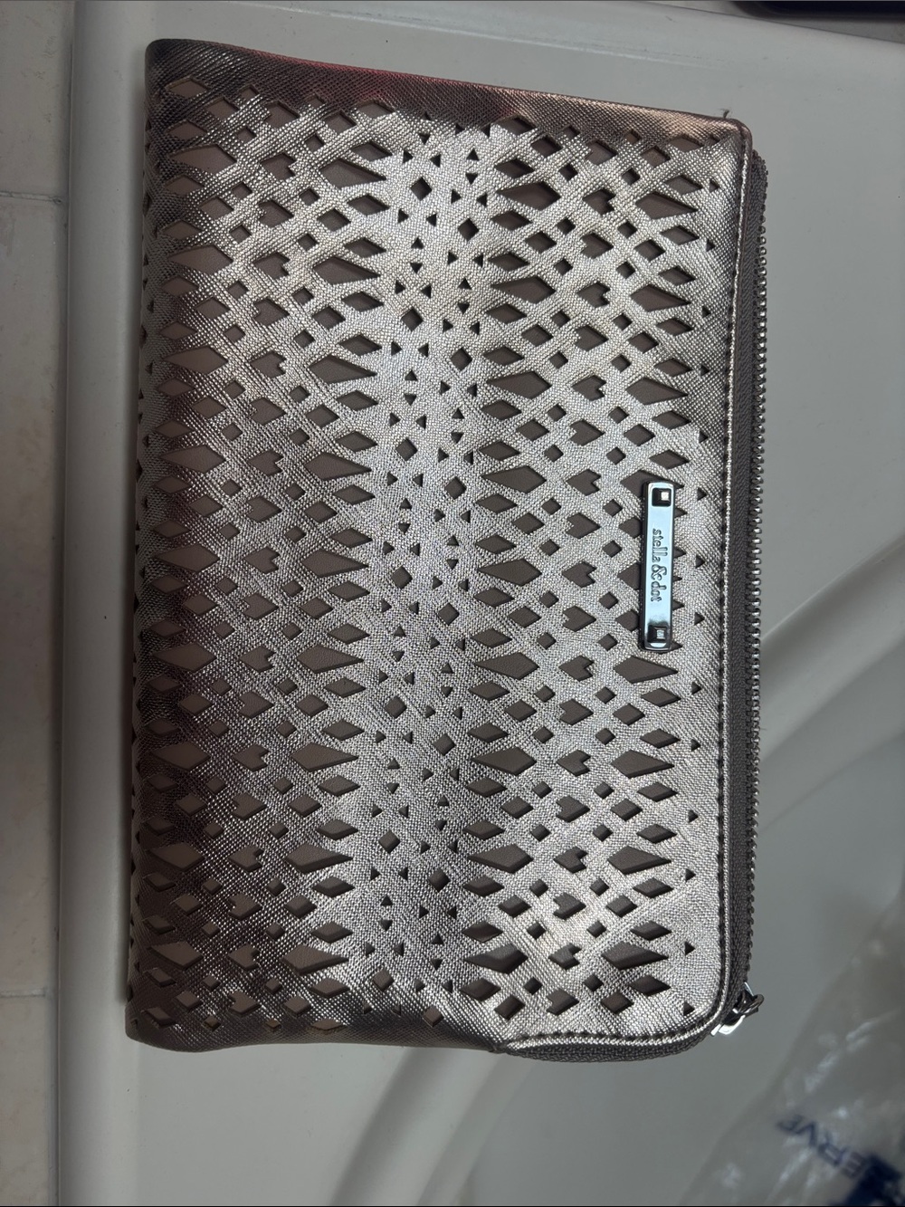 Stella & Dot Metallic Silver Laser-Cut Zip Clutch